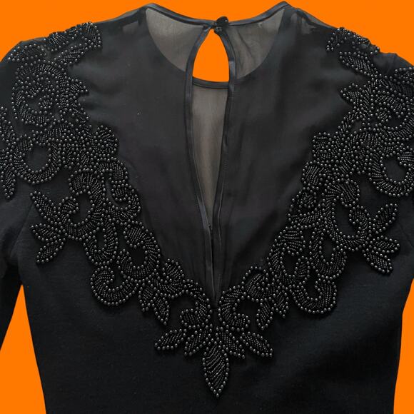 90's vintage black wool blend high neck mesh beaded bodycon mini dress SMALL - Picture 6 of 7